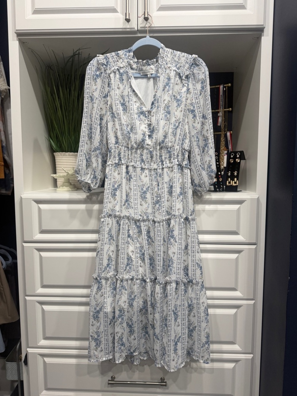 Blue Floral Tiered Button-Front Midi Dress